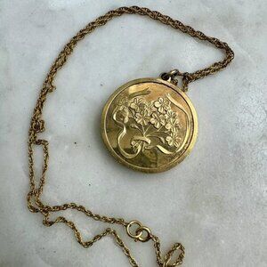 VINTAGE 1977 Franklin Mint Forget Me Not: 24k Gold Plate Locket Pendant ENGRAVED